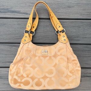 Coach; Signature Madison Op Art 'Maggie' Shoulder Bag; Minor Wear; 14x4x9in